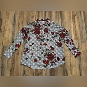 Pleione Black and White Red Floral Women's Blouse